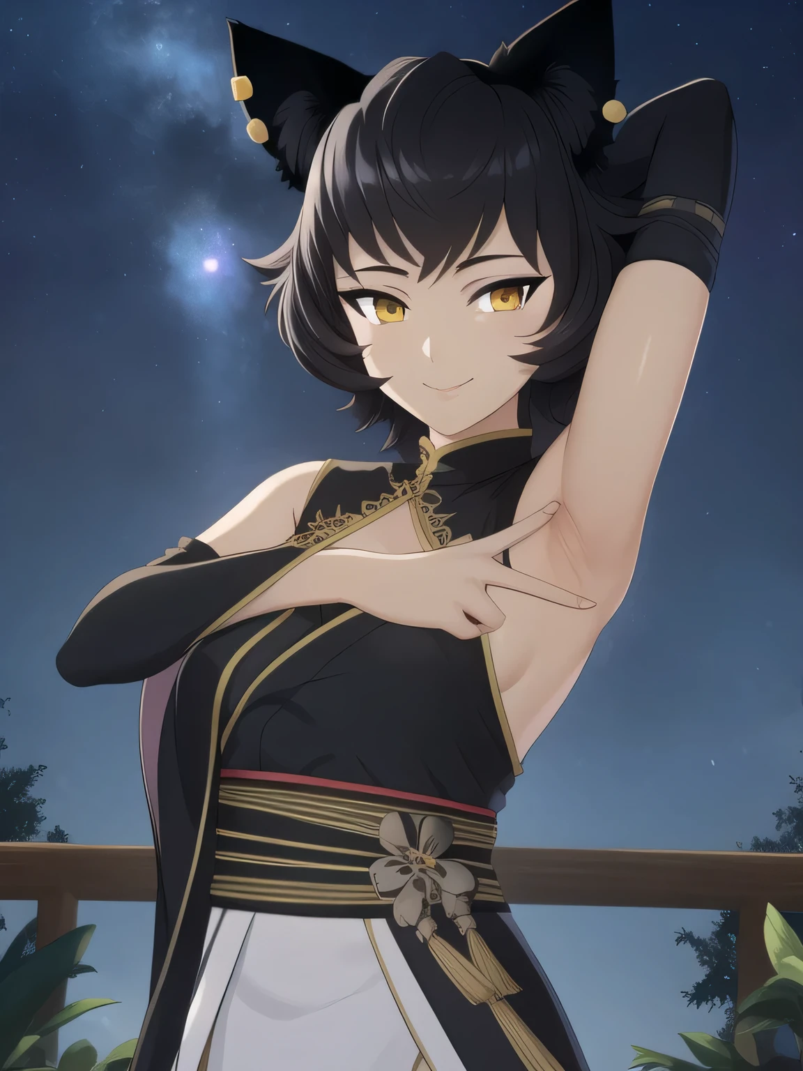 8k, highly detailed,
kali belladonna,
dress,
solo, night sky, forest, arms behind head, contrapposto, spread armpits, closed mouth, smile, upper body, smile, looking at viewer