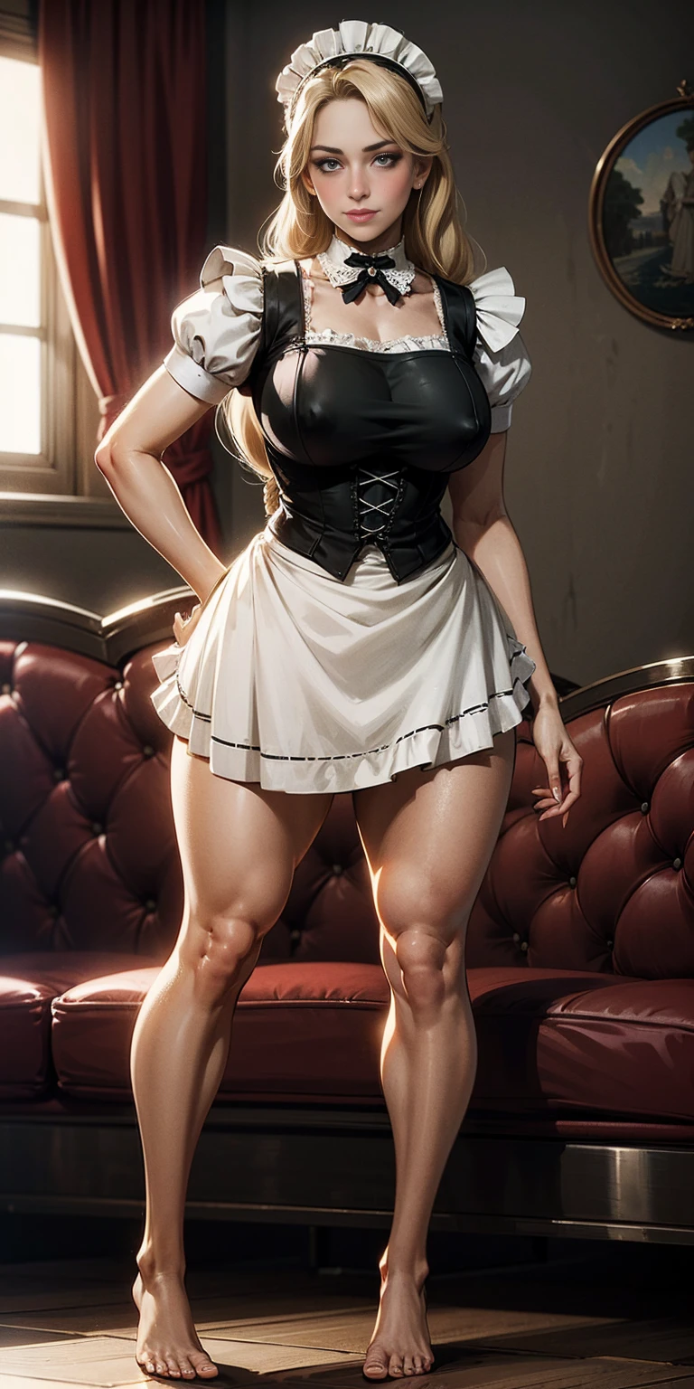 1girl, cute, ((Short black hair girl and long blonde hair girl)), maid victorian, maid apron, straight face, dazed, Body position: Standing, straight, symmetrical, barefoot, Lustful smile on face with red blush,