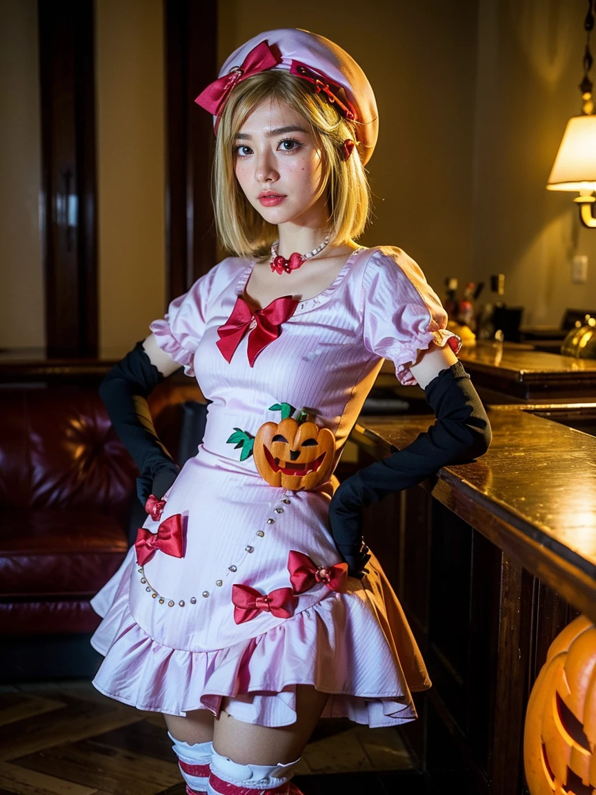 (1 lady), The beautiful, (Best quality at best:1.4), (ultra - detailed), (extremely detailed CG unified 16k), gold blonde hair, very detailed, High-definition RAW color photo, professional photoshooting, amazing face and eyes, cosmetics, (amazingly beautiful girl), ((lambdadelta)), ((dress, shoes bow, red shoes, striped stockings, red bow, pink hat, necklace, gloves, pearl, pumpkin brooch, pink dress)), standing, sexyposture,(Dark and stylish bar, drinks, lamp lights, lamp lights:1.3), (look from down), realistic cinematic face, head to feet long wide zoomed out view, full body long view, photorealistic, ((realistic natural blonde hair style, honey eyes)), gorgeous, extremely beautiful face, perfect model beauty, pout mouth, flirting smile, cleavages, city girl, western, shopping in the city, (masterpiece), best quality, high resolution, extremely detailed, blurred background, depth of field, cinematic lighting, amazing legs, high heels, clear and well-cared skin