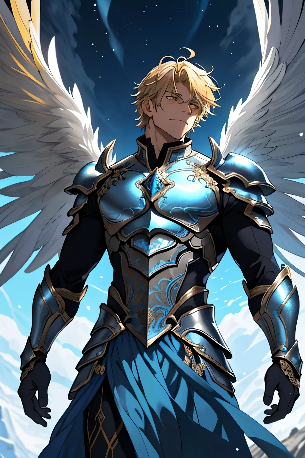In the heart of a breathtakingly epic and dramatic scene, a male character stands proudly with his full, toned body encased in brilliant blue and silver armor. The intricate design and details of the armor shimmer and gleam under the dramatic lighting, enhancing its fantastical beauty. A pair of light blue celestial wings expand behind him, their feathers catching the light as they sway gently in the wind. His golden blond hair is short and neatly styled, framing a face with perfectly detailed features. His yellow eyes, as bright as the sun, pierce through the atmosphere with an intensity that leaves one in awe. The anime style of this masterpiece brings every element to life, from the