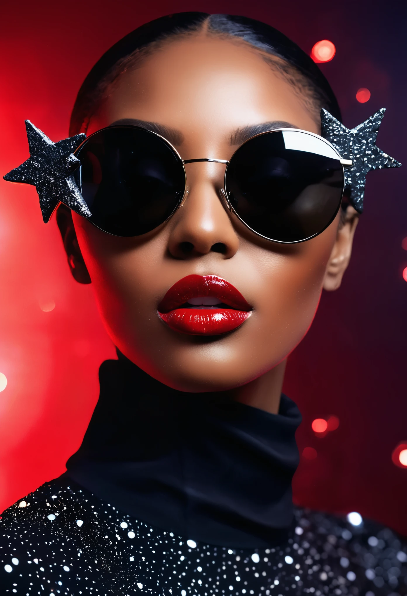 Close up shot Arafad image of a very beautiful black woman wearing black sunglasses with reflection of meteorites fall to earth with stars in the galaxy in outer space reflecting in her black sunglasses, cosmic art fashion photography, In the red dream world, Portrait shoot, Inspired by Lan Ying, high fashion photography, Award-winning fashion photos, fine art portrait photography, 32k artistic portrait photography, fashion photography