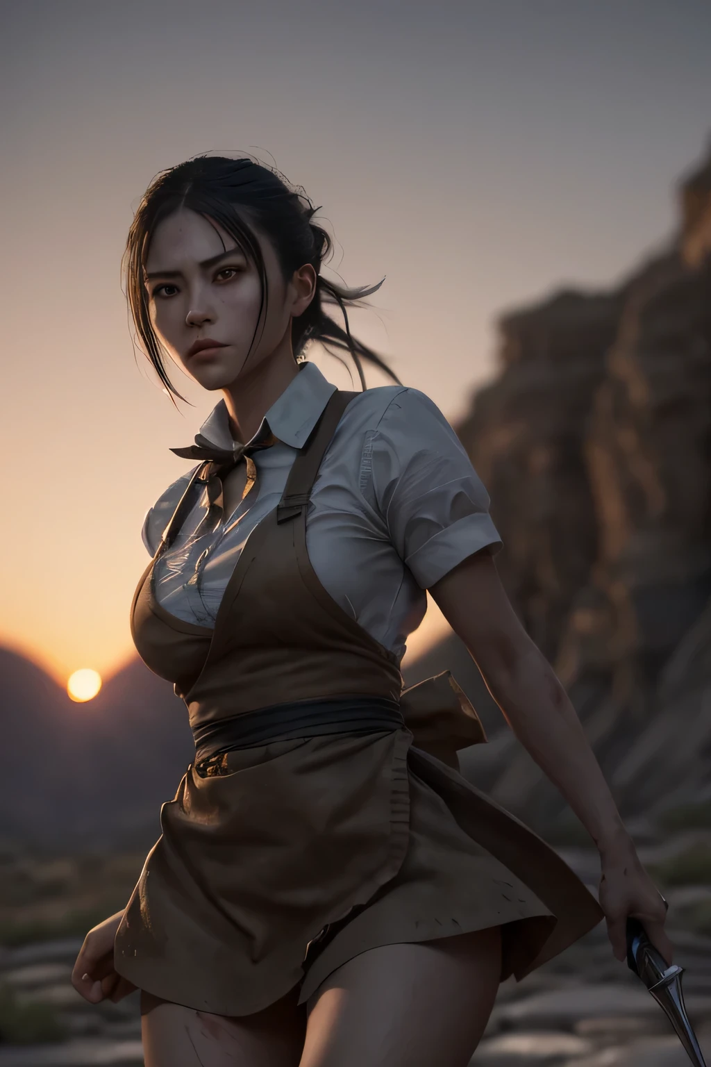 (masterpiece), (very complicated:1.3), (realistic), girl portrait, (dark fantasy, gore), (dynamic perspective), the most beautiful in the world, (waitress), outdoor, dynamic angle, running fighting stance, dry river bed, Kure, Haifa, Stunning female professional photo details, sharp focus, dramatic, Award history, cinematic lighting, Octane Rendering Unreal Engine, volumetrics dtx, (film grain, blurred background, blurred foreground, Bokeh, Depth of the bounds written, sunset), holding sickle