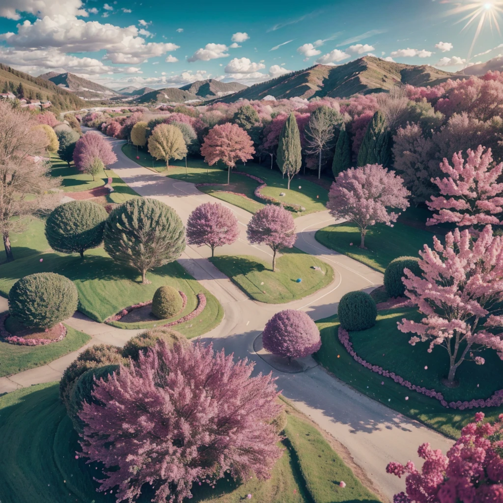 (highres,realistic:1.2),vibrant candy-colored landscape,candy-coated trees and rolling hills,glimmering sugar trails,delightful candy sculptures and statues,fluffy cotton candy clouds,sparkling sugar rivers and lakes,lush lollipop flowers and candy cane grass,sprinkles scattered like confetti,children skipping and laughing in a candy-filled wonderland,imaginative and whimsical art style,sweet and sugary color palette,soft and warm lighting bathing the landscape.
