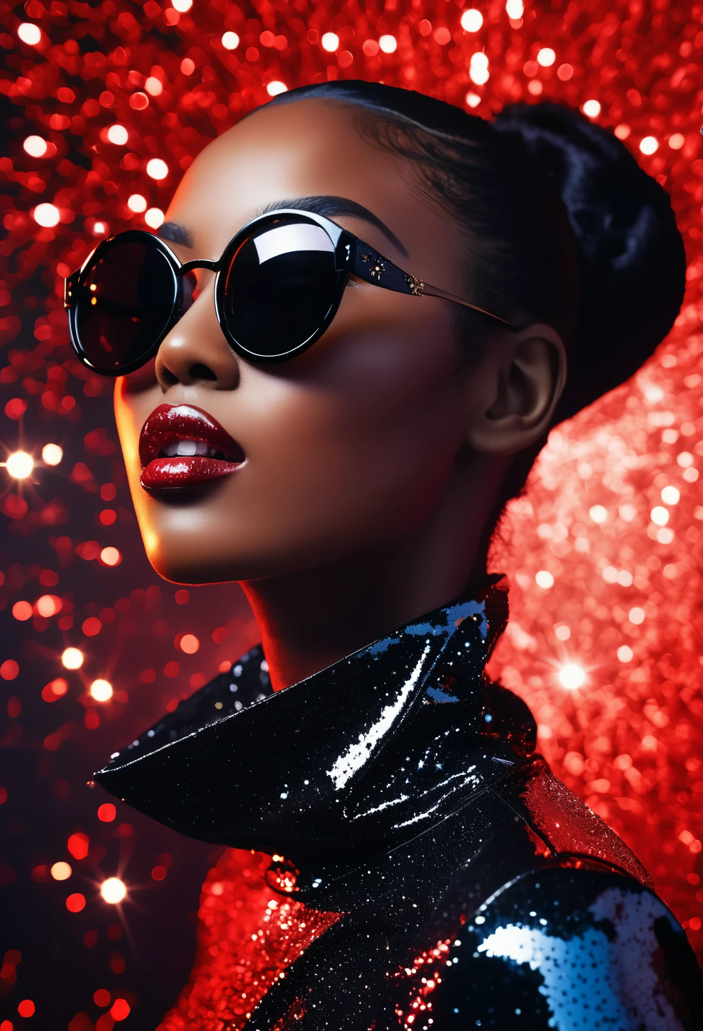 Close up shot Arafad image of a very beautiful black woman wearing black sunglasses with reflection of bursting stars, meteorites floating in outer spaceand reflecting in her black sunglasses, cosmic art fashion photography, In the red dream world, Portrait shoot, Inspired by Lan Ying, high fashion photography, Award-winning fashion photos, fine art portrait photography, 32k artistic portrait photography, fashion photography