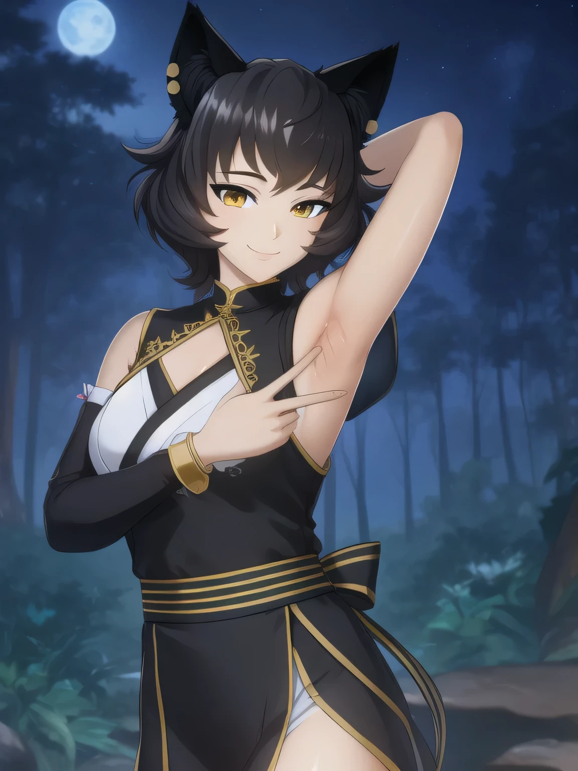 8k, highly detailed,
kali belladonna,
dress,
solo, night sky, forest, arms behind head, contrapposto, spread armpits, closed mouth, smile, upper body, smile, looking at viewer