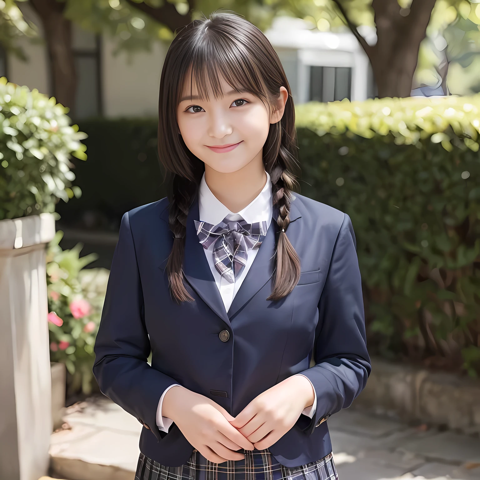 (highest quality、masterpiece:1.2)、highest quality、realistic、photograph、High resolution、1080p、8K、Pale, rough skin、The face is especially pale., physical rendering、((Height: 155cm)), one Japanese girl、((A 15-year-old siren who looks like a Japanese junior high school student)), , (((big very detailed beautiful dark brown eyes))), ((blue girly large wine-red glossy polyester Japanese school ribbon bow tie)), (((black beautiful long twin braids hair))), ((((deep blue colored tartan checkered formal long pleated pleated skirt)))), ((A formal dark blue blazer that is slightly oversized and has an emblem on the left chest.)), (((Looking at the viewers with loving eyes, smiling))), ((((((maximum smile)))))), mouth is open, The big skirt is very cute, detailed fingers, Slender body, ((curled bangs)), so beautiful, long eyelashes, ((Very big and very very very cute eyes of a Japanese girl)), ((large pupils)), double eyelids, The entire skirt is photographed, thin eyebrows, ((drooping eyes)), ((long eyelashes)), ((cute lovely lovely laughing laughing cheeks)), ((Pure white light hits her face from above and in the front, making her skin and eyes shine beautifully.)), ((Strong light hits the nose and cheeks、It brings out the richness of the expression.)), (((((A very cute face with a rich expression and a pure look))))), Take a profile shot