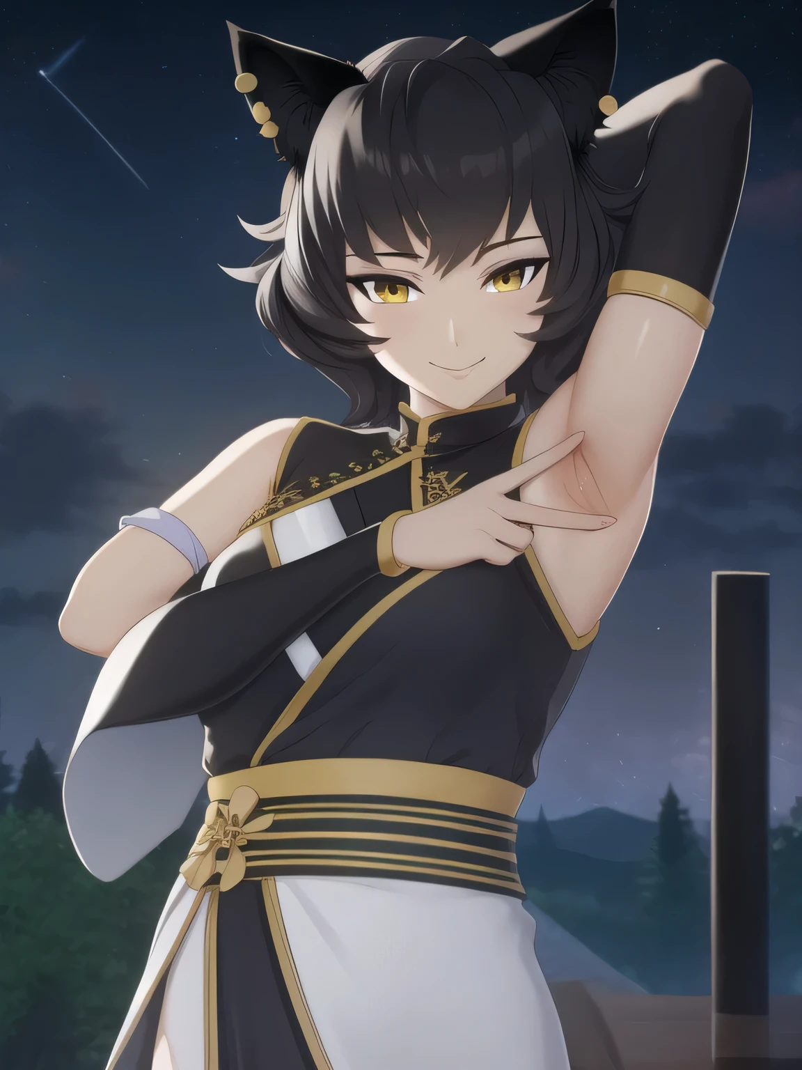 8k, highly detailed,
kali belladonna,
dress,
solo, night sky, forest, arms behind head, contrapposto, spread armpits, closed mouth, smile, upper body, smile, looking at viewer