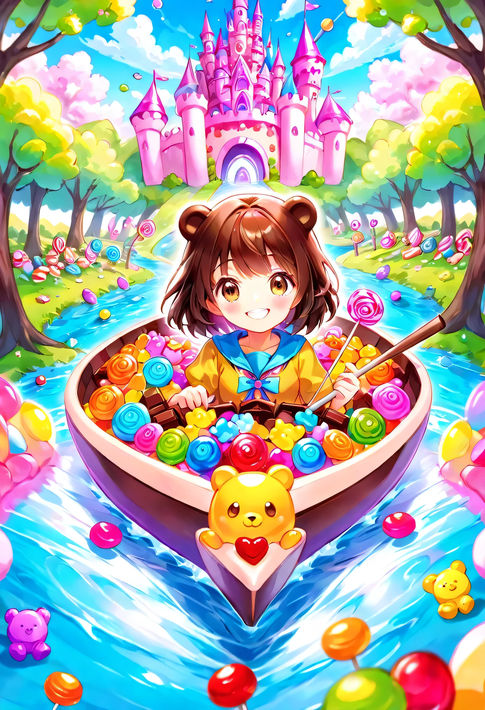 Candyland, Candy Explorer, rowing a Candy Boat across a Chocolate River, smiling excitedly; Candy Castle Adventure, Chocolate River, Lollipop Trees, Gummy Bears; dreamy, whimsical, fisheye lens, soft focus