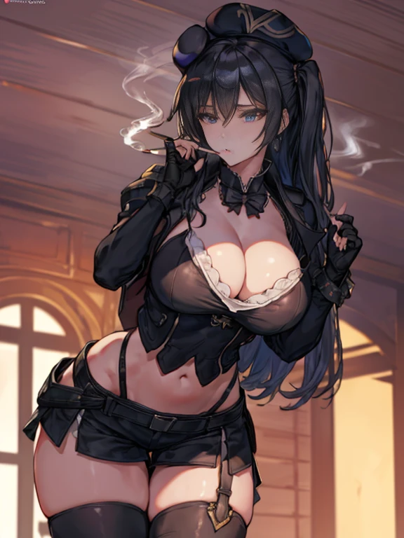 22 years old, (milf:0.8), (solo:1.5), (sfw:1.25), cute breast, beautiful breasts, medium tits, thin waist, big ass:1.0, Raised sexy, (beret, black jacket, open clothes, cleavage, midriff, black shorts, black thighhighs, thigh strap, fingerless gloves, single glove:1.2), blue eyes, light smile, big , Revimpling fabric, earrings, Hand gloves, detailed face,(smoking:1.3),long hair,side ponytail,hair between eyes,bangs,detailed and beautiful eyes,beautiful detailed lips,Rolling her eyes,manner,hair over one eye, (ultra high resolution, 8K RAW photo, photo realistics, thin outline:1.3, clear focus), best qualtiy, natural lighting, textile shading, blurry back ground, field depth, (Bright pupils, fine detailed beautiful eyes with highlight:1.3, high detailed face), Red lip, fine realistic skins:1.1, looking down viewers:1.3, (dynamic angle:1.3, front view:1.1, breast focus:1.3, from below:1.2), (dynamic posing:1.5, sexy posing:1.2),Youghal, side lock, hair ornaments, hair band,nice,garden background,artistic rendering,Super detailed,(highest quality,4k,8K,High resolution,masterpiece:1.2),Bright colors,studio lighting