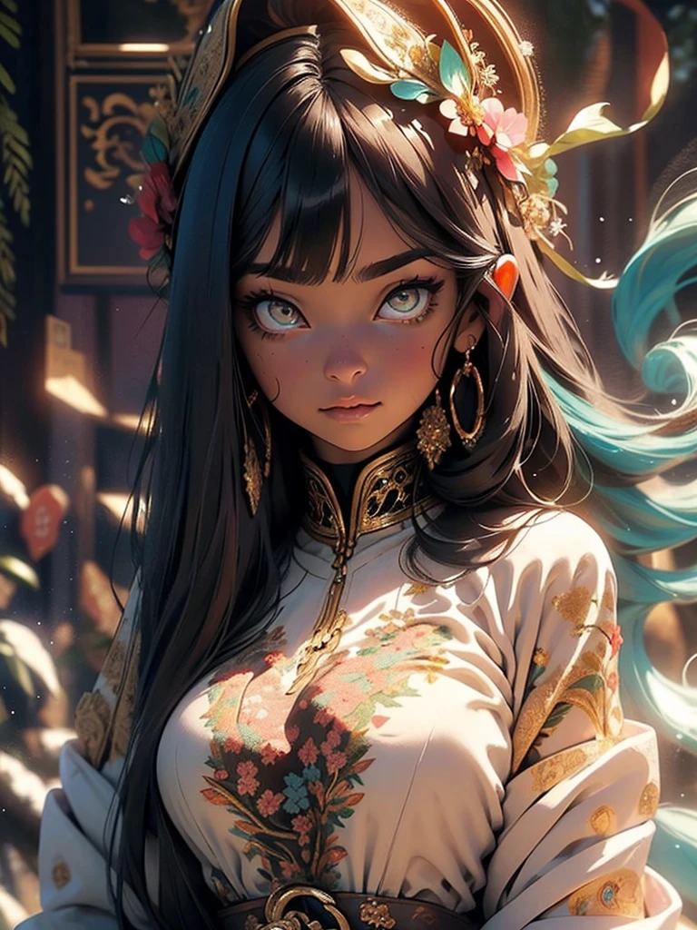 cute elf,,((( beautiful anime waifu style girl,))),((extremely cute and beautiful black hair)),(((elf ears:1.2,pointed ears:1.2))),(((small breasts, slim waist, slender thighs))),((((black hair:1.35,((straight hair:1.3)),((very straight hair,very_long hair:1.5)),((The beauty of extra-long hair)),((Super Long Straight Hair)),((bangs)),colored inner hair)))),(((amber_eyes:1.3))),intricate eyes,beautiful detailed eyes,symmetrical eyes,big eyes:1.5,(((1.5,skin tanned,))),(detailed body,(detailed face)),(((Sexy fur coat, fur coat outfit, wearing a fur coat:1.3, winter coat))),((((furry edge clothing)))),(((intricate outfit,intricate clothes,embroidered outfit,ornate outfit,embroidered clothes,ornate clothes))),(dynamic pose:1.0),(centered,scale to fit dimensions,Rule of thirds),((snowy pine forest)),winter,scenery:1.25,((intricate scenery)),((snow forest background)),(Glossy winter ornaments), Ultra-detailed, detailed moonlight eyes, cherry blossoms and butterflies blowing in the wind, psychedelic cosmic dreamlike aesthetic atmospheric background, hyper-detailed painting, luminous bio-luminescence, intricately detailed, awesome full color, ethereal background, abstract beauty, golden ratio, concept art, intricate details, high resolution, sharp focus, intricate details, highly detailed, nostalgia, romantic, 64k, award winning illustration, realistic light, ultra-detailed, high quality concept art, inspired by Daiqing Tana and Haya.