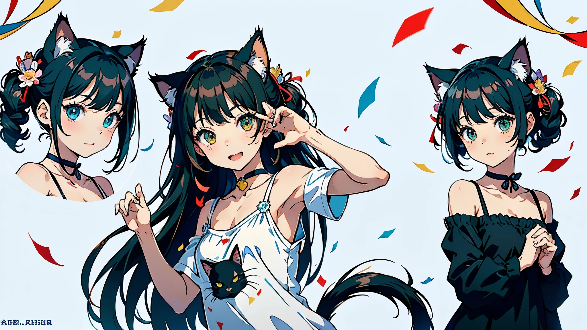 (highest quality, masterpiece, High resolution)、(anime art)、cinematic light、soft light、three girls、black hair、Black cat costume、White Cat Costume、Tabby cat costume、Striped cat costume、Persian Cat Costume、3-color cat costume、(loose t-shirt)、loose shirt、off shoulder、sexy mini dress、(Cat ear)、bob cut、semi-long、bun hair、hair ornaments、choker、Cute face details、enchanting smile、small breasts、whole body、(cat pose)、((sexy gesture))、beckoning、playing、dance、Cat jarashi、((confetti、petal、candy、is dancing in the air、Crackers popping、))、((white background))、