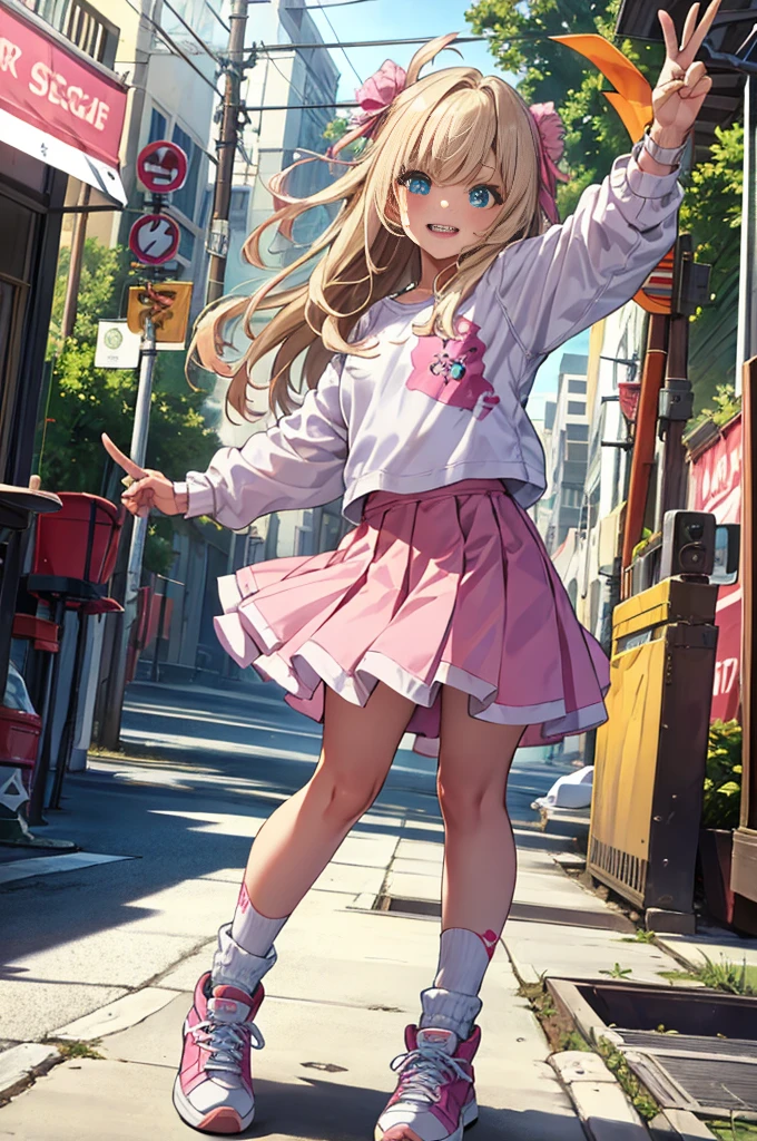 beautiful, (masterpiece:1.2), (best quality:1.2), Beautiful -yeld wh girl with blue eyes, long swept-back straight blond hair, Happy and posing with peace signs, Pink and white frilly miniskirt, pink shirt, pink socks, white sneakers, California City background, daylight.