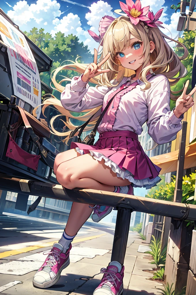 beautiful, (masterpiece:1.2), (best quality:1.2), Beautiful 10-year-old white girl with blue eyes, long swept-back straight blond hair, Happy and posing with peace signs, Pink and white frilly miniskirt, pink shirt, pink socks, white sneakers, California City background, daylight.