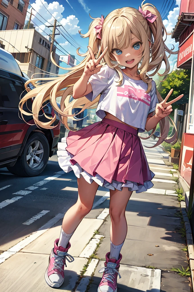 beautiful, (masterpiece:1.2), (best quality:1.2), Beautiful -yeld wh girl with blue eyes, long swept-back straight blond hair, Happy and posing with peace signs, Pink and white frilly miniskirt, pink shirt, pink socks, white sneakers, California City background, daylight.