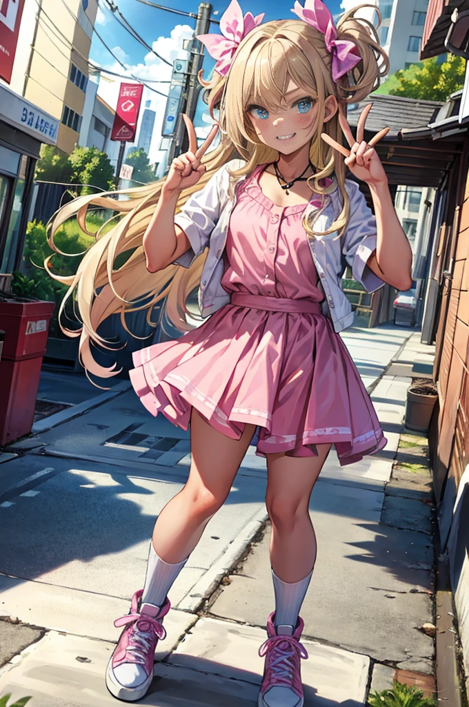 beautiful, (masterpiece:1.2), (best quality:1.2), Beautiful -yeld wh girl with blue eyes, long swept-back straight blond hair, Happy and posing with peace signs, Pink and white frilly miniskirt, pink shirt, pink socks, white sneakers, California City background, daylight.