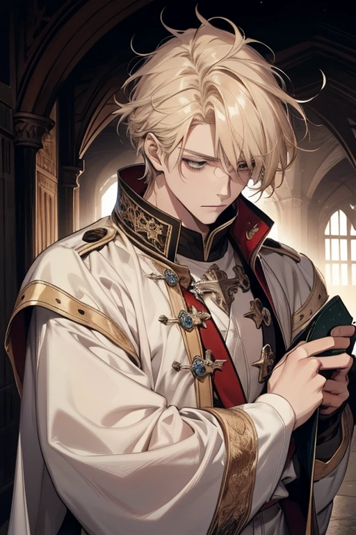 1 male, AS-Adult, Messy blonde hair and bangs, prinz, white  clothes, Handsome, dispassionate, The beautiful, Condescending, slimification, in a castle, Medieval fantasy