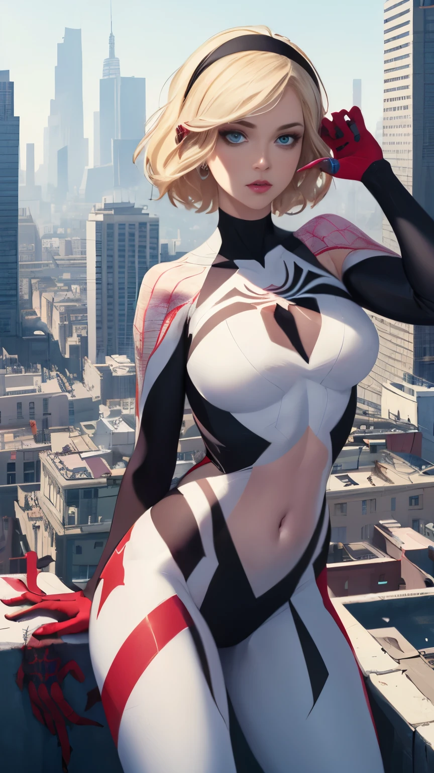 (Highly quality, masterpiece, detailed), city detailed scenario, city detailed background, solo, gwen, spider gwen, blonde hair, multi colored hair, short hair, hairband, 1woman, crop top, spider symbol, gloves, navel, on top of a building, perfect face, beautiful eyes, look at the viewer, Sexy pose