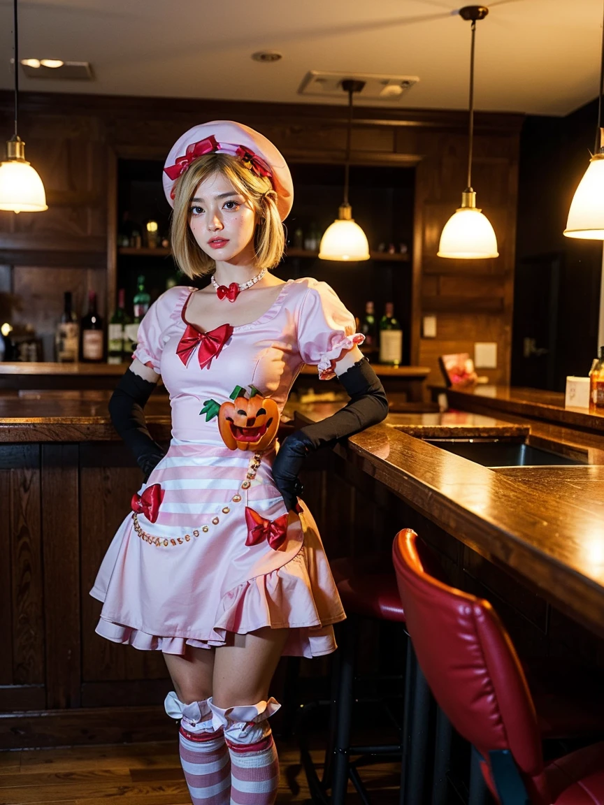 (1 lady), The beautiful, (Best quality at best:1.4), (ultra - detailed), (extremely detailed CG unified 16k), gold blonde hair, very detailed, High-definition RAW color photo, professional photoshooting, amazing face and eyes, cosmetics, (amazingly beautiful girl), ((lambdadelta)), ((dress, shoes bow, red shoes, striped stockings, red bow, pink hat, necklace, gloves, pearl, pumpkin brooch, pink dress)), standing, sexyposture,(Dark and stylish bar, drinks, lamp lights, lamp lights:1.3), (look from down), realistic cinematic face, head to feet long wide zoomed out view, full body long view, photorealistic, ((realistic natural blonde hair style, honey eyes)), gorgeous, extremely beautiful face, perfect model beauty, pout mouth, flirting smile, cleavages, city girl, western, shopping in the city, (masterpiece), best quality, high resolution, extremely detailed, blurred background, depth of field, cinematic lighting, amazing legs, high heels, clear and well-cared skin