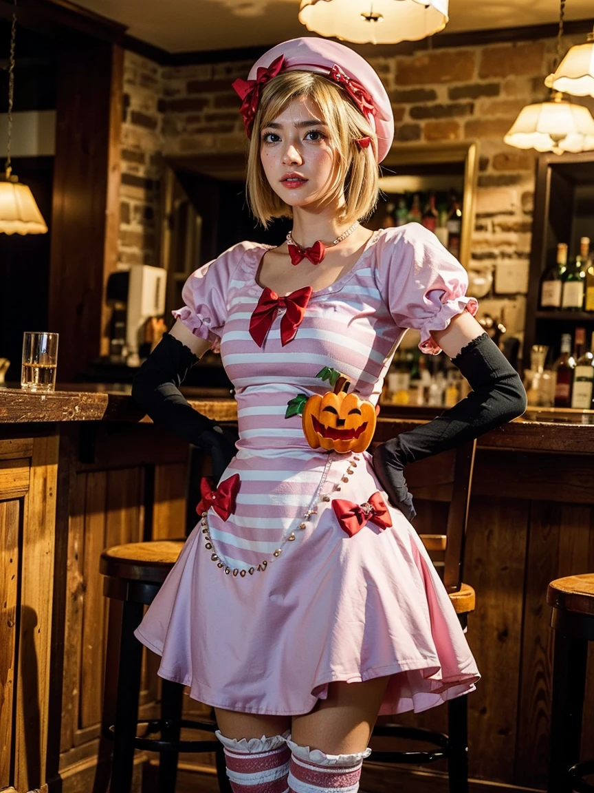 (1 lady), The beautiful, (Best quality at best:1.4), (ultra - detailed), (extremely detailed CG unified 16k), gold blonde hair, very detailed, High-definition RAW color photo, professional photoshooting, amazing face and eyes, cosmetics, (amazingly beautiful girl), ((lambdadelta)), ((dress, shoes bow, red shoes, striped stockings, red bow, pink hat, necklace, gloves, pearl, pumpkin brooch, pink dress)), standing, sexyposture,(Dark and stylish bar, drinks, lamp lights, lamp lights:1.3), (look from down), realistic cinematic face, head to feet long wide zoomed out view, full body long view, photorealistic, ((realistic natural blonde hair style, honey eyes)), gorgeous, extremely beautiful face, perfect model beauty, pout mouth, flirting smile, cleavages, city girl, western, shopping in the city, (masterpiece), best quality, high resolution, extremely detailed, blurred background, depth of field, cinematic lighting, amazing legs, high heels, clear and well-cared skin