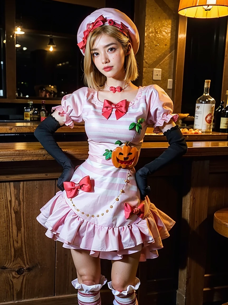(1 lady), The beautiful, (Best quality at best:1.4), (ultra - detailed), (extremely detailed CG unified 16k), gold blonde hair, very detailed, High-definition RAW color photo, professional photoshooting, amazing face and eyes, cosmetics, (amazingly beautiful girl), ((lambdadelta)), ((dress, shoes bow, red shoes, striped stockings, red bow, pink hat, necklace, gloves, pearl, pumpkin brooch, pink dress)), standing, sexyposture，(Dark and stylish bar, drinks, lamp lights, lamp lights:1.3), (look from down), realistic cinematic face, head to feet long wide zoomed out view, full body long view, photorealistic, ((realistic natural blonde hair style, honey eyes)), gorgeous, extremely beautiful face, perfect model beauty, pout mouth, flirting smile, cleavages, city girl, western, shopping in the city, (masterpiece), best quality, high resolution, extremely detailed, blurred background, depth of field, cinematic lighting, amazing legs, high heels, clear and well-cared skin