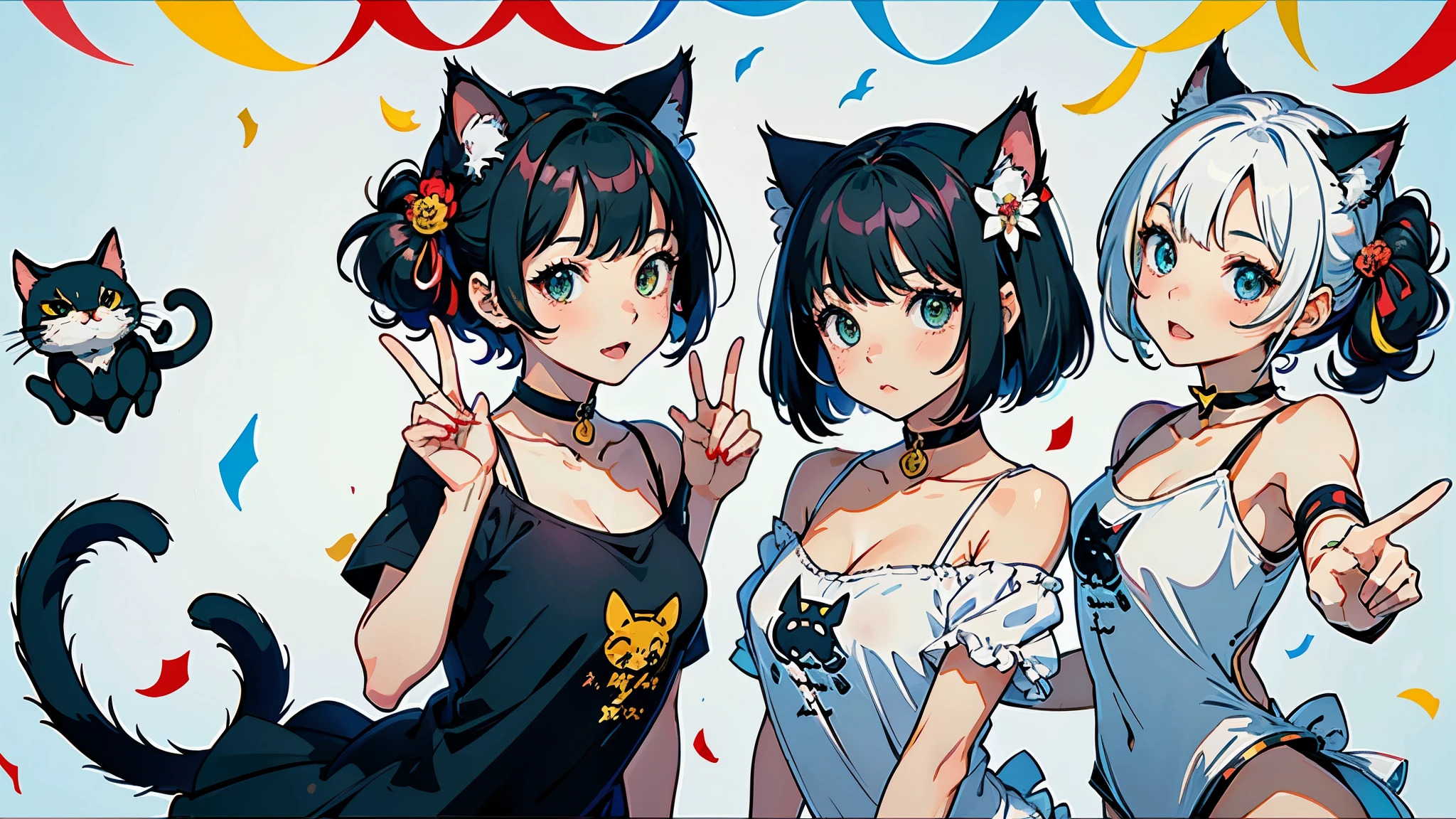 (highest quality, masterpiece, High resolution)、(anime art)、cinematic light、soft light、three girls、black hair、Black cat costume、White Cat Costume、Tabby cat costume、Striped cat costume、Persian Cat Costume、3-color cat costume、(loose t-shirt)、loose shirt、off shoulder、sexy mini dress、(Cat ear)、bob cut、semi-long、bun hair、hair ornaments、choker、Cute face details、enchanting smile、small breasts、whole body、(cat pose)、((sexy gesture))、beckoning、playing、dance、Cat jarashi、((confetti、petal、candy、is dancing in the air、Crackers popping、))、((white background))、