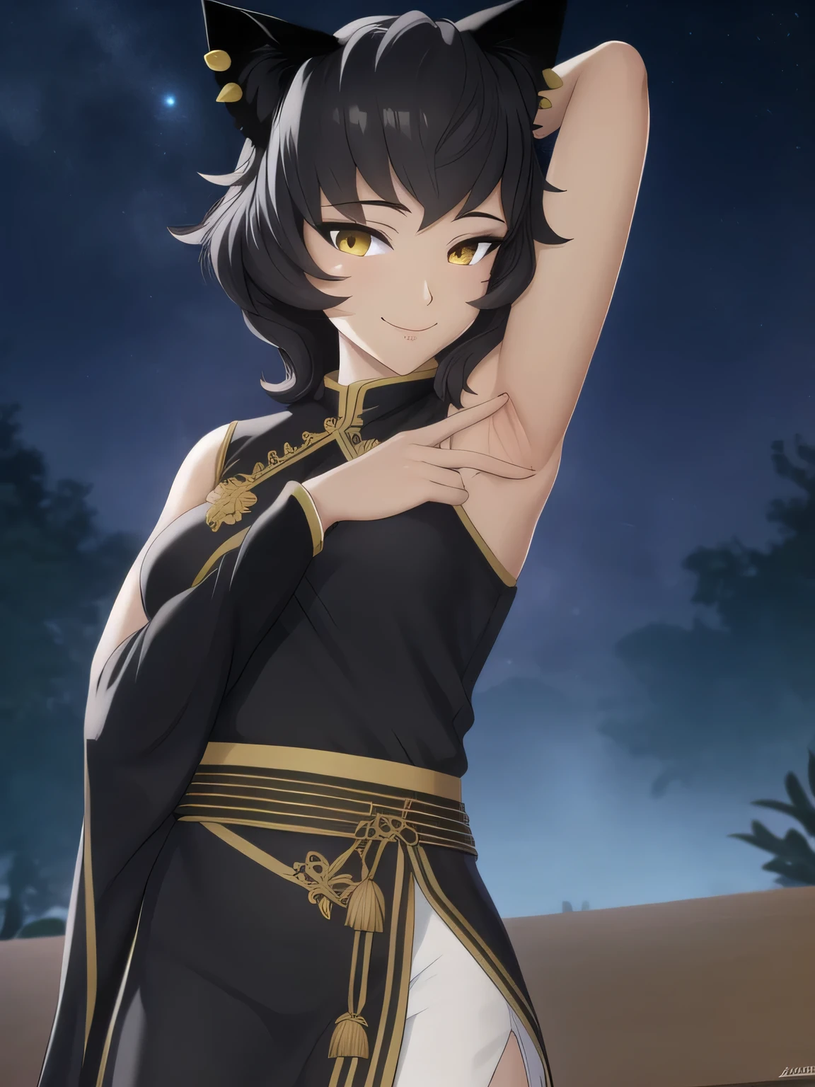 8k, highly detailed,
kali belladonna,
dress,
solo, night sky, forest, arms behind head, contrapposto, spread armpits, closed mouth, smile, upper body, smile, looking at viewer