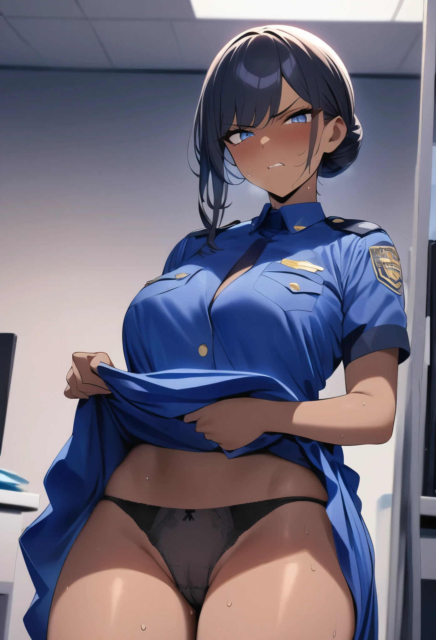 (masterpiece, best quality:1.2),solo, (1 female,short hair)(Police),dark skin,sweating skin,in a office,(Wearing a loose police uniform),(Her hands lifted her dress to reveal her panties:1.7),Lower focus,(scowl, disdain, shaded, endured face)