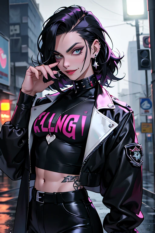 MadMaggie, hair slicked back,  yellow eyes, black lips,makeup,eyeshadow, black nails,facial tattoo ,  solo,  smiling,  looking at viewer,  upper body,
fuck you, middle finger, 
Madattire,black jacket,spikes,white shirt ,black footwear, black fingerless gloves,earrings,fur trim,necklace,
(insanely detailed, beautiful detailed face, masterpiece, best quality) <lora:Maggie-10:0.7> <lora:MidFing:1>