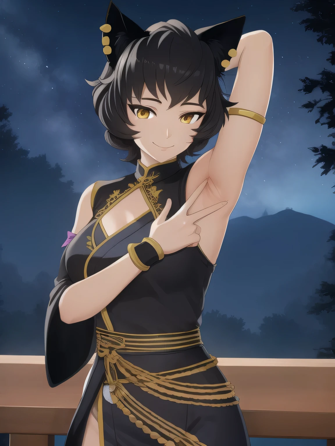 8k, highly detailed,
kali belladonna,
dress,
solo, night sky, forest, arms behind head, contrapposto, spread armpits, closed mouth, smile, upper body, smile, looking at viewer