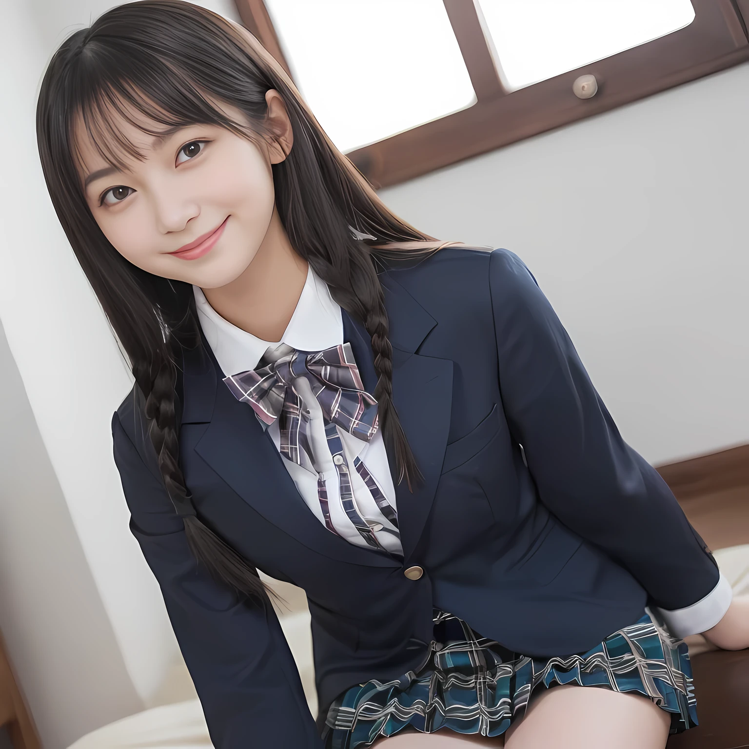 (highest quality、masterpiece:1.2)、highest quality、realistic、photograph、High resolution、1080p、8K、Pale, rough skin、The face is especially pale., physical rendering、((Height: 155cm)), one Japanese girl、((A 15-year-old siren who looks like a Japanese junior high school student)), , (((big very detailed beautiful dark brown eyes))), ((blue girly large wine-red glossy polyester Japanese school ribbon bow tie)), (((black beautiful long twin braids hair))), ((((deep blue colored tartan checkered formal long pleated pleated skirt)))), ((A formal dark blue blazer that is slightly oversized and has an emblem on the left chest.)), (((Looking at the viewers with loving eyes, smiling))), ((((((maximum smile)))))), mouth is open, The large blazer and skirt are very cute., detailed fingers, Slender body, ((curled bangs)), so beautiful, long eyelashes, ((Very big and very very very cute eyes of a Japanese girl)), ((large pupils)), double eyelids, The entire skirt is photographed, thin eyebrows, ((drooping eyes)), ((long eyelashes)), ((cute lovely lovely laughing laughing cheeks)), ((Pure white light hits her face from above and in the front, making her skin and eyes shine beautifully.)), ((Strong light hits the nose and cheeks、It brings out the richness of the expression.)), (((((A very cute face with a rich expression and a pure look))))), Take a profile shot