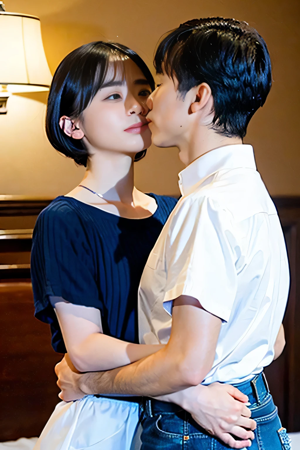 ((A middle-aged man is kissing a girl:1.4))、Open your eyes and tilt your head back、stand and hug each other、better quality, movie stills, 1. Muller、((girl with short cut hair:1.4))、((The girl is wearing a white short-sleeved dress shirt and a denim miniskirt.:1.4))、((18 year old girl:1.4))、A middle-aged man wearing casual clothes such as denim pants, Short-haired men,white skin, like, kiss, quarto red, At the bed, close, bright, sensual, romantic, dim and warm lighting, red, Moonlit Sky, (spark: 0,7) , ((kiss))
