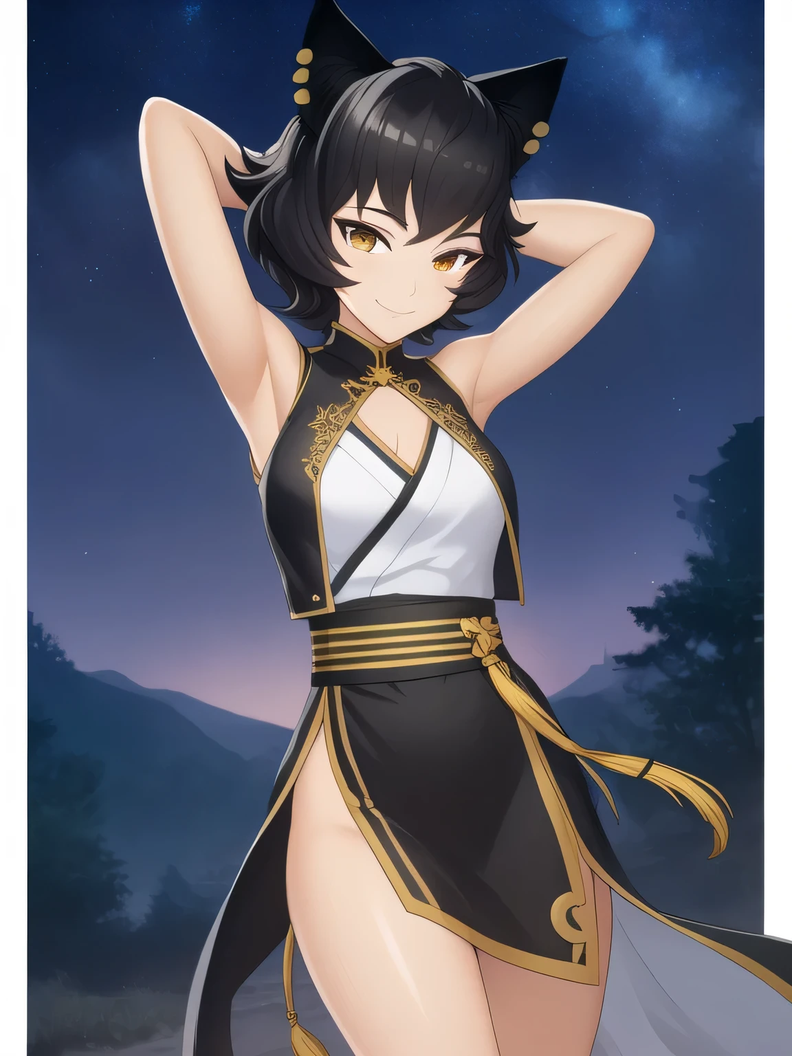 8k, highly detailed,
kali belladonna,
dress,
solo, night sky, forest, arms behind head, contrapposto, spread armpits, closed mouth, smile, cowboy shot, smile, looking at viewer