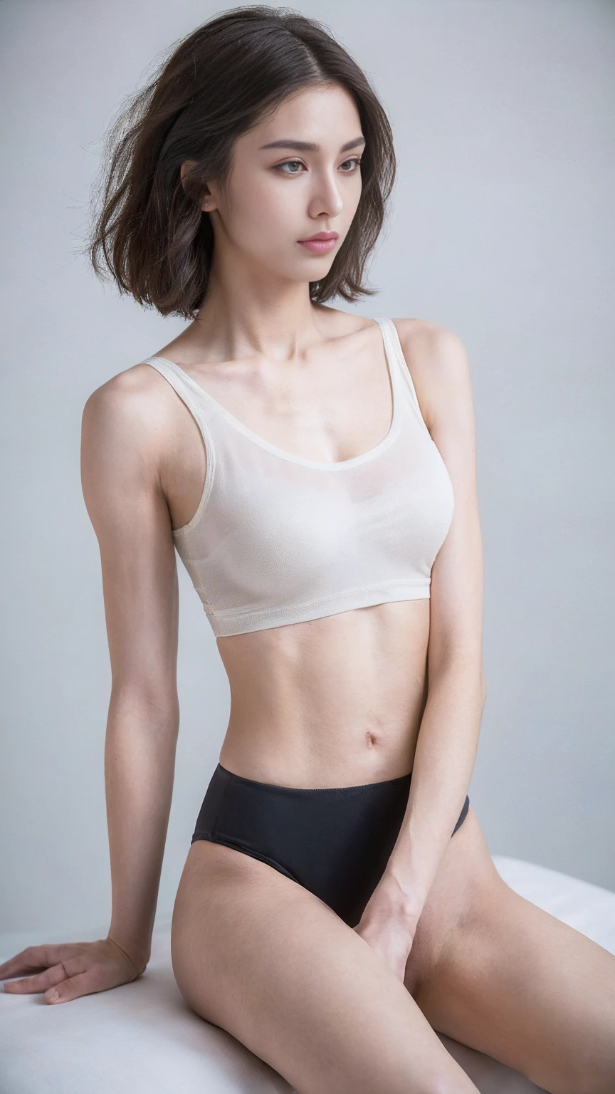 ((top-quality、8K、​masterpiece: 1.erfect Body Beauty: 1.4、Slender Abs: 1.2、Beautiful woman with slender abs:1.3、(Highlight Haircutreast B Cup:1.2), medium breast, round shape breast, perfect shape breast, she is meditation in lotus position , ((white, transparent, loose sleeveless tank-top, wide neck, black straps,)) ((bra straps)) necklace, hyperdetailed face、18year old、 Pretty women、(Dark brown short-cut hair), Slim Face、Highly detailed facial and skin texture、very detailed lips、opens legs、top-quality、​masterpiece、超A high resolution、(Photorealsitic:1.4), long shot , gray background, studio light setup, portrait photo, stand straight facing camera, equal body, equally shoulder, vagina, pink vagina, showing her vagina