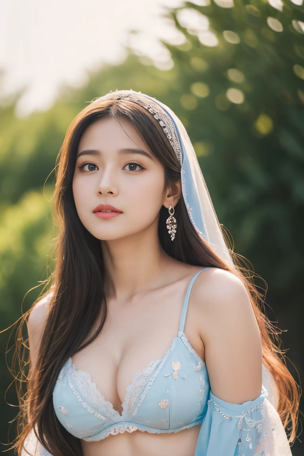 colorful, sky, flowers, magical, fantasy, tale, top-quality,Beautiful detailed hijabi,Bewitching face,tzuyu iu yooa ,long lashes,Wearing a colorful bellydancer,Detailed details,Colossal ,With cleavage, underboob, sideboob,stares at the camera, hogwarts