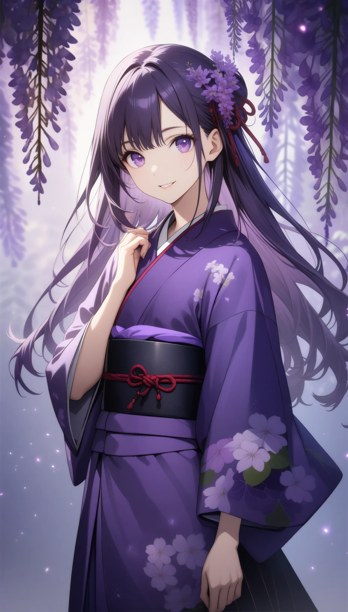 32k, best quality, ultra high res, HDR, UHD, extremely detailed CG, unity 32k wallpaper, (((hight quality))), (((high-level image quality))), ((smile)), (((hight quality wisteria flowers background))), (((purple long hair))), (((purple eyes))), (((18 years old))), (((illustration))), (((purple light particles))), (((purple kimono))), (((purple Japanese clothes))),