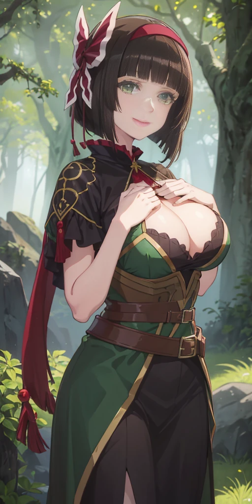 A woman with short dark brown hair, faint green eyes, smiling in a fantasy world forest, holding a fan with one hand, big breast