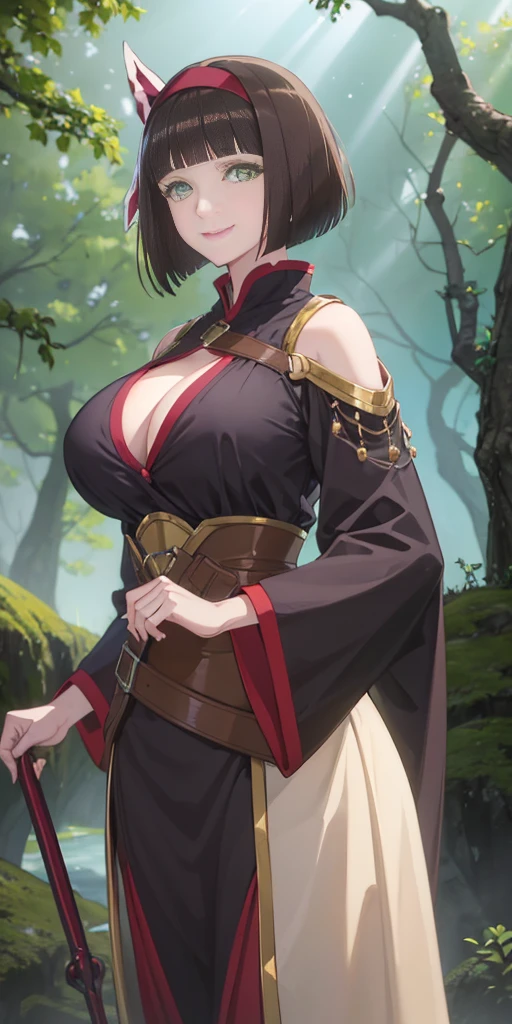 A woman with short dark brown hair, faint green eyes, smiling in a fantasy world forest, holding a fan with one hand, big breast