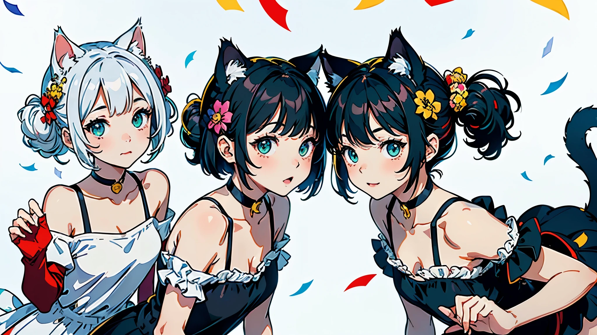 (highest quality, masterpiece, High resolution)、(anime art)、cinematic light、soft light、three girls、black hair、Black cat costume、White Cat Costume、Tabby cat costume、Striped cat costume、Persian Cat Costume、3-color cat costume、(loose t-shirt)、loose shirt、off shoulder、sexy mini dress、(Cat ear)、bob cut、semi-long、bun hair、hair ornaments、choker、Cute face details、enchanting smile、small breasts、whole body、(cat pose)、((sexy gesture))、beckoning、playing、dance、Cat jarashi、((confetti、petal、candy、is dancing in the air、Crackers popping、))、((white background))、