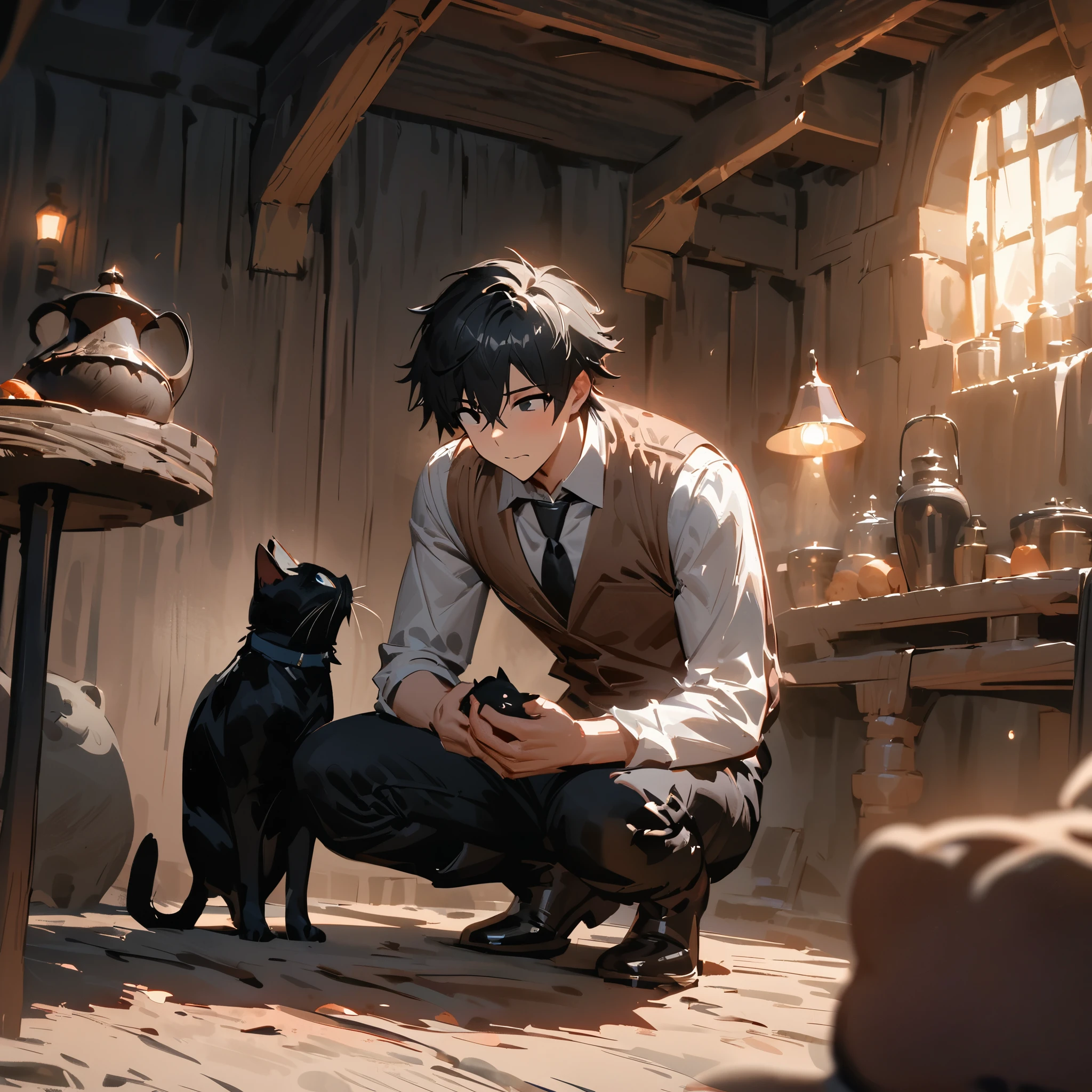 Human male youth, black eyes black hair, skinny build, name Jiang Feng, identity as a lawyer who traveled to an otherworldly city, wearing a brown vest and black pants, helpless eyes, squatting to feed an obese black cat, carrying a magical lamp, the background is the interior of a mysterious medieval European hut, the best quality, aesthetic picture, masterpiece, cinematographic light, masterclass, impasto