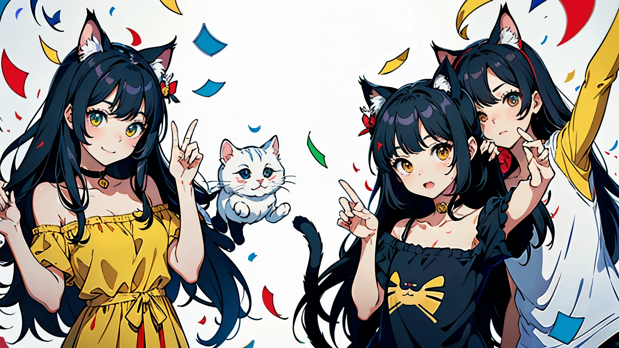 (highest quality, masterpiece, High resolution)、(anime art)、cinematic light、soft light、three girls、black hair、Black cat costume、White Cat Costume、Tabby cat costume、Striped cat costume、Persian Cat Costume、3-color cat costume、(loose t-shirt)、loose shirt、off shoulder、sexy mini dress、(Cat ear)、bob cut、semi-long、bun hair、hair ornaments、choker、Cute face details、enchanting smile、small breasts、whole body、(cat pose)、((sexy gesture))、beckoning、playing、dance、Cat jarashi、((confetti、petal、candy、is dancing in the air、Crackers popping、))、((white background))、