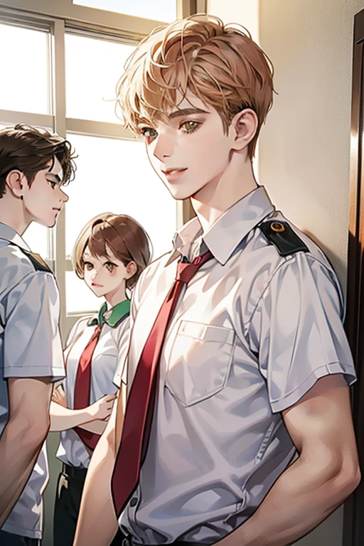 Friends, 3 boys and girl kiss love, different hair color, short dark pink hair and brown eyes, short blonde hair and green eyes, short brown hair and brown eyes , in the school, side by side, cool, blonde hair boy is the tallest, light uniform, smile, white clothe