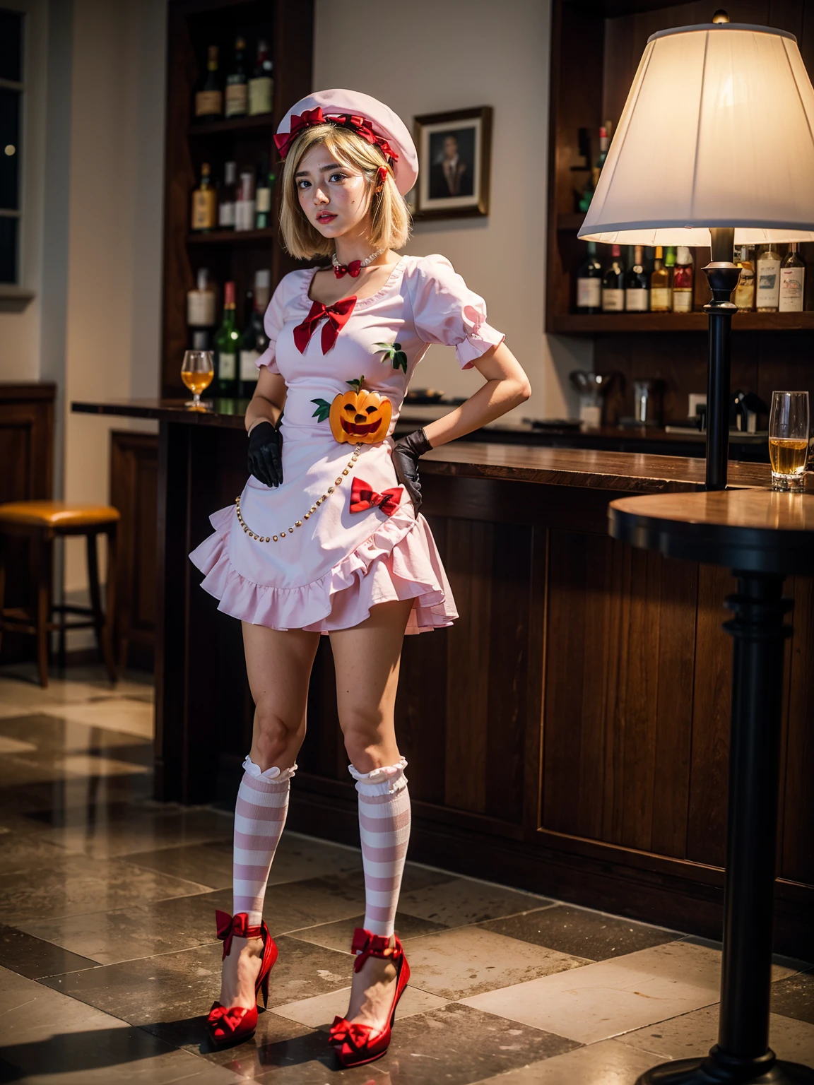 (1 lady), The beautiful, (Best quality at best:1.4), (ultra - detailed), (extremely detailed CG unified 16k), gold blonde hair, very detailed, High-definition RAW color photo, professional photoshooting, amazing face and eyes, cosmetics, (amazingly beautiful girl), ((lambdadelta)), ((dress, shoes bow, red shoes, striped stockings, red bow, pink hat, necklace, gloves, pearl, pumpkin brooch, pink dress)), standing, sexyposture,(Dark and stylish bar, drinks, lamp lights, lamp lights:1.3), (look from down), realistic cinematic face, head to feet long wide zoomed out view, full body long view, photorealistic, ((realistic natural blonde hair style, honey eyes)), gorgeous, extremely beautiful face, perfect model beauty, pout mouth, flirting smile, cleavages, city girl, western, shopping in the city, (masterpiece), best quality, high resolution, extremely detailed, blurred background, depth of field, cinematic lighting, amazing legs, high heels, clear and well-cared skin