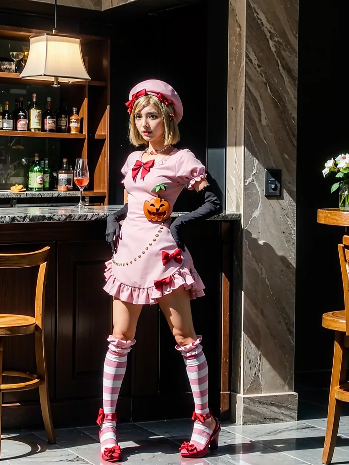 (1 lady), The beautiful, (Best quality at best:1.4), (ultra - detailed), (extremely detailed CG unified 16k), gold blonde hair, very detailed, High-definition RAW color photo, professional photoshooting, amazing face and eyes, cosmetics, (amazingly beautiful girl), ((lambdadelta)), ((dress, shoes bow, red shoes, striped stockings, red bow, pink hat, necklace, gloves, pearl, pumpkin brooch, pink dress)), standing, sexyposture，(Dark and stylish bar, drinks, lamp lights, lamp lights:1.3), (look from down), realistic cinematic face, head to feet long wide zoomed out view, full body long view, photorealistic, ((realistic natural blonde hair style, honey eyes)), gorgeous, extremely beautiful face, perfect model beauty, pout mouth, flirting smile, cleavages, city girl, western, shopping in the city, (masterpiece), best quality, high resolution, extremely detailed, blurred background, depth of field, cinematic lighting, amazing legs, high heels, clear and well-cared skin