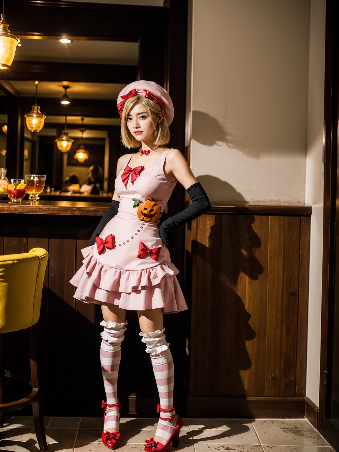(1 lady), The beautiful, (Best quality at best:1.4), (ultra - detailed), (extremely detailed CG unified 16k), gold blonde hair, very detailed, High-definition RAW color photo, professional photoshooting, amazing face and eyes, cosmetics, (amazingly beautiful girl), ((lambdadelta)), ((dress, shoes bow, red shoes, striped stockings, red bow, pink hat, necklace, gloves, pearl, pumpkin brooch, pink dress)), standing, sexyposture,(Dark and stylish bar, drinks, lamp lights, lamp lights:1.3), (look from down), realistic cinematic face, head to feet long wide zoomed out view, full body long view, photorealistic, ((realistic natural blonde hair style, honey eyes)), gorgeous, extremely beautiful face, perfect model beauty, pout mouth, flirting smile, cleavages, city girl, western, shopping in the city, (masterpiece), best quality, high resolution, extremely detailed, blurred background, depth of field, cinematic lighting, amazing legs, high heels, clear and well-cared skin