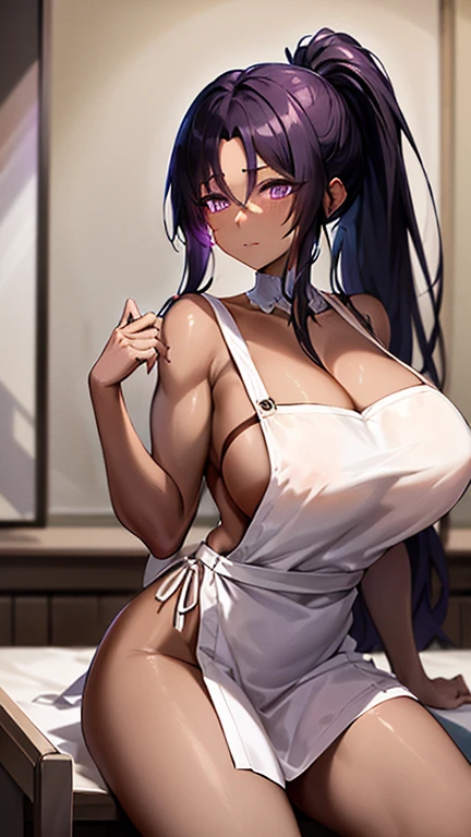 beautiful young woman, long black hair, high ponytail, parted bangs, (purple eyes: 1.5), Sitting on a chair in the room, (dark skin: 1.4), Wearing tiny apron, ((nakedapron)), large breasts, muscular, purple eyes, shiny eyes, beautiful bright purple eyes,black hair, bursting breasts, huge thighs