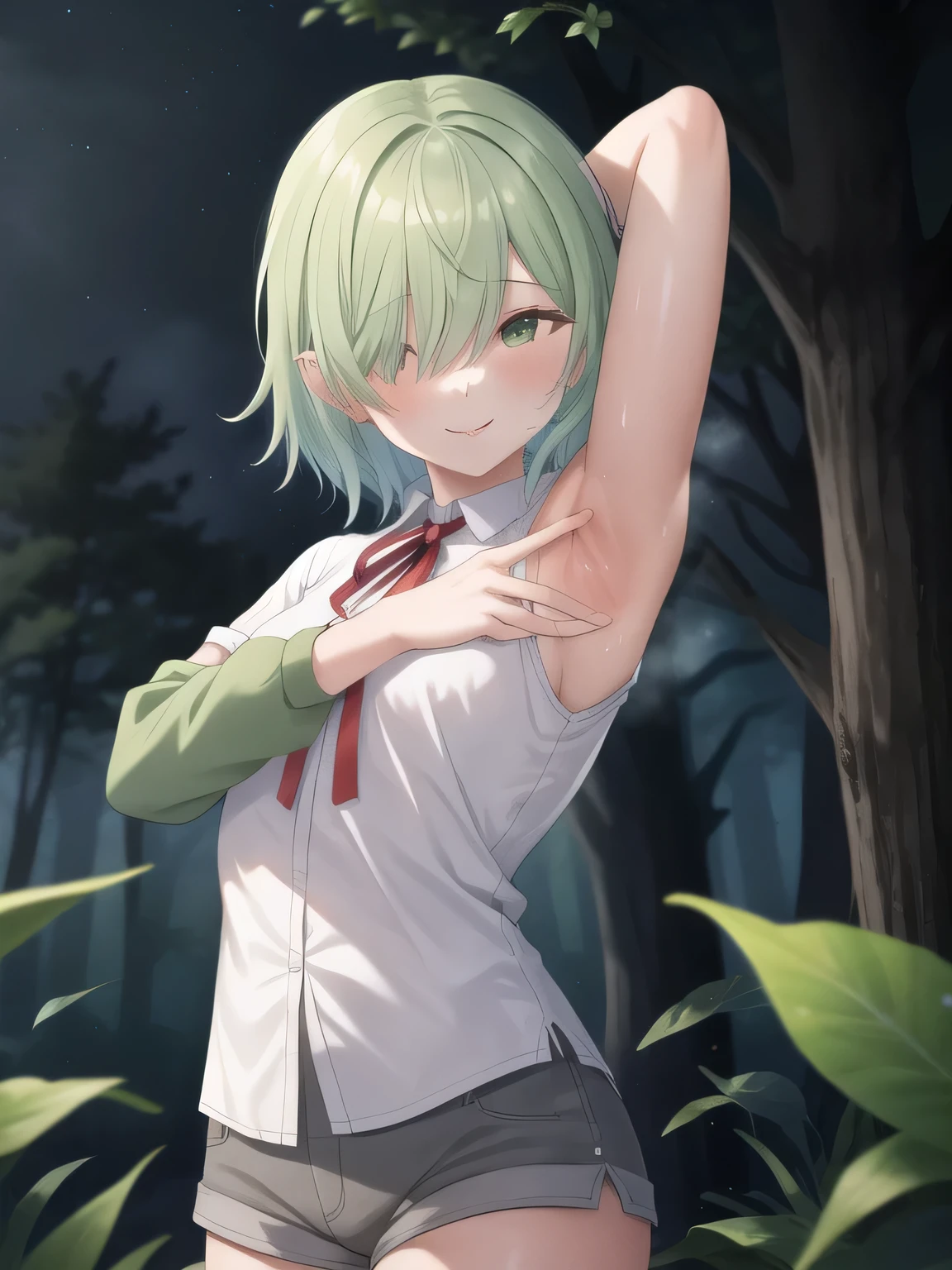 (masterpiece, best quality:1.2),illustration,8k,hd,1girl, solo, night sky, forest, arms behind head, contrapposto, spread armpits, closed mouth, smile, upper body, green hair, black thighhighs, shirt, hair over eyes, pleated shorts, white shirt, ribbon, grey shorts, neck ribbon, shy,