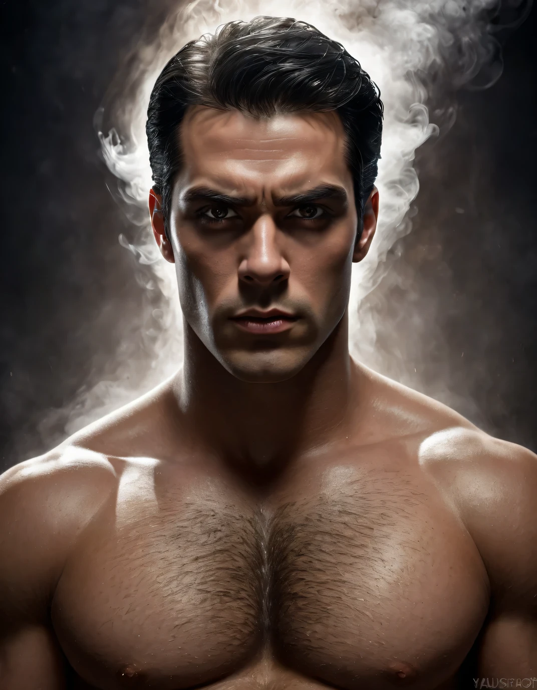 Poster of portrait handsome super man, piercing gaze, high quality textures, high quality shadows, high detail, beautiful detail, fine detail, extremely detailed computer graphics, detailed textures, realistic faces, atmosphere of fear and unease, sensual moment from the point of view of someone in a close embrace with a muscular man bathing in smoke with bright laser eyes