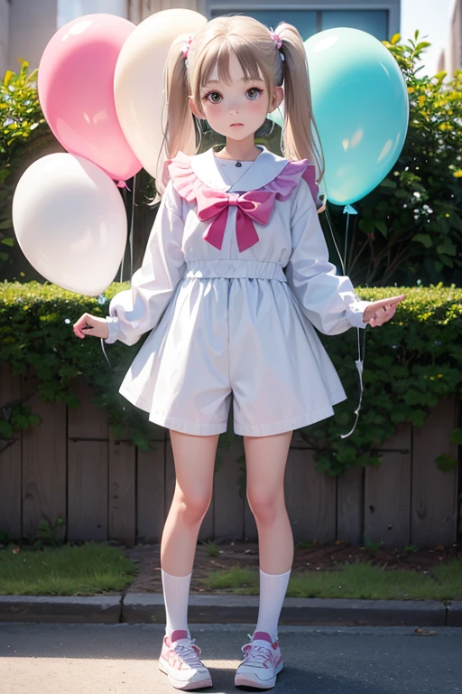 having a white balloon , full body, real photo, 11 years old girl, twin tails, looking down at me, Shorts