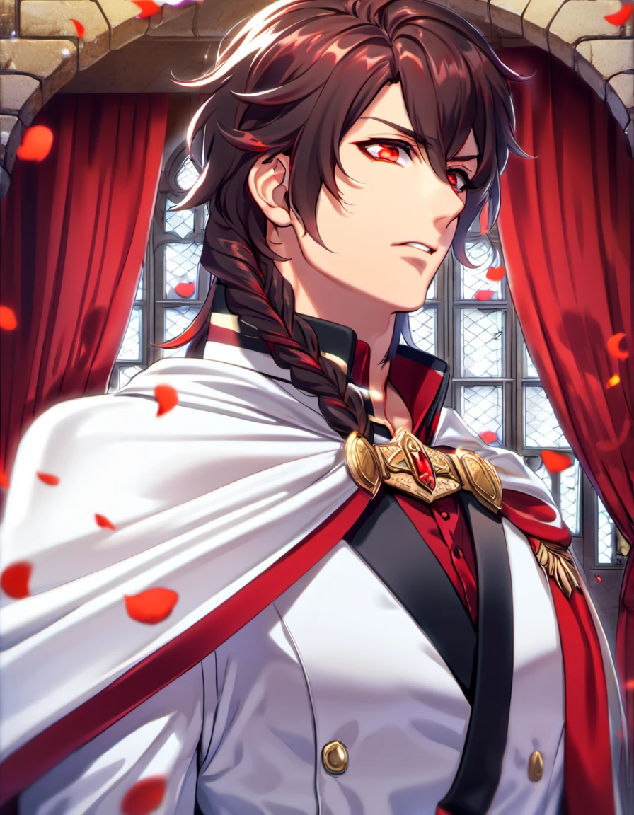 absurdres, highres, ultra detailed, HDR), master piece, best quality, Crowley Eusford, maroon bangs, while the rest of his hair is dark brown, long hair is kept in a braid that comes over his shoulder on the left side of his neck, expressive red eyes, Owari no seraph, white cape, white clothes, 1man, handsome, window, petals, red curtains, inside a castle