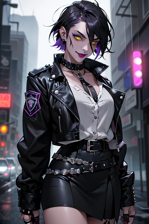 Beautiful police vampire, short black French bob hair at the back of her neck, yellow eyes with punk style makeup, purple lipstick, wearing a gray fitted blouse and skirt, punk style jacket, police badge on her belt, showing her defined abdomen, charming smile, in the backdrop of the night city with gentle rain